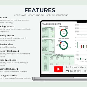 May include: A laptop computer screen displaying a spreadsheet with a green and white color scheme. The spreadsheet is titled "Trading Dashboard" and includes charts and graphs. The laptop is on a white surface. The text "Includes a step-by-step YOUTUBE TUTORIAL" is visible on the screen.