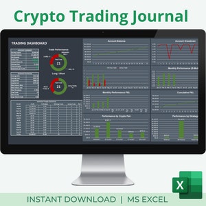 Donker Crypto-handelsdagboek | Handelsdashboard | Handelsanalysegrafiek | Maandelijks handelsrapport | Excel