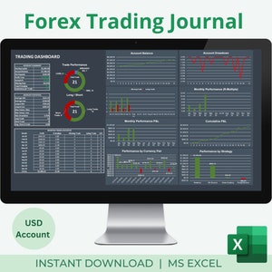 Dark Forex-handelsdagboek | Handelsdashboard | Handelsanalysegrafiek | Maandelijks handelsrapport | Forexcalculator | Excel-spreadsheet