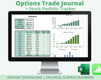 Options Trading Journal + Stocks Portfolio Tracker (Excel & Numbers Spreadsheet)
