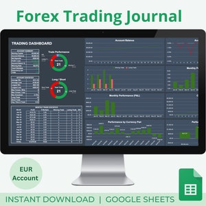 Donkere versie Forex Trading Journal EUR-account | Handelsdashboard | Handelsanalysegrafiek | Forex-calculator | Google Spreadsheets
