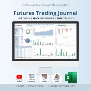 May include: A digital Futures Trading Journal for Microsoft Excel featuring a dashboard display with various financial charts, graphs, and performance metrics. The interface includes sections for account summary, trade performance, and monthly P&L analysis.