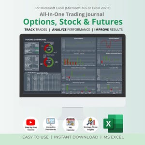 Dark Options, Stock & Futures Trading Journal | Trading Dashboard | Trade Analysis Chart | Excel