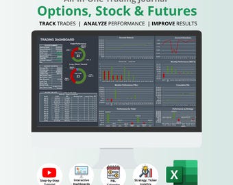 Dark Options, Stock & Futures Trading Journal | Trading Dashboard | Trade Analysis Chart | Excel
