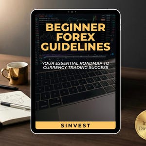Peut inclure: Une tablette numérique affiche "BEGINNER FOREX GUIDELINES" avec le texte "YOUR ESSENTIAL ROADMAP TO CURRENCY TRADING SUCCESS." Une tasse dorée, un stylo, un carnet et un badge doré "Instant Download" sont sur une surface en bois.