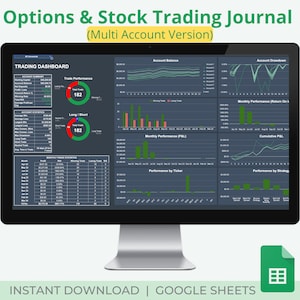 Donkere opties en handelsdagboek voor meerdere accounts | Handelsdashboard | Handelsanalysegrafiek | Maandelijks handelsrapport | Google Spreadsheets