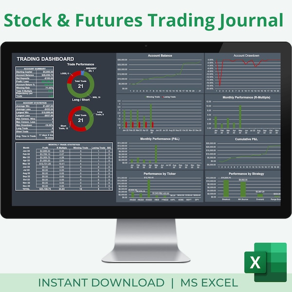 Stock & Futures Trading Journal | Trading Dashboard | Trade Analysis Chart | Monthly Report | Strategy Dashboard | Excel