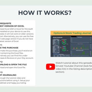 May include: A screenshot of a computer screen showing a spreadsheet with the title "Options & Stock Trading Journal". The spreadsheet has a dark background and includes a trading dashboard with charts and graphs. A green play button icon is below the screenshot with the text "Watch tutorial about this spreadsheet on Sinvest Youtube Channel (look for the video link in the listing description section)."