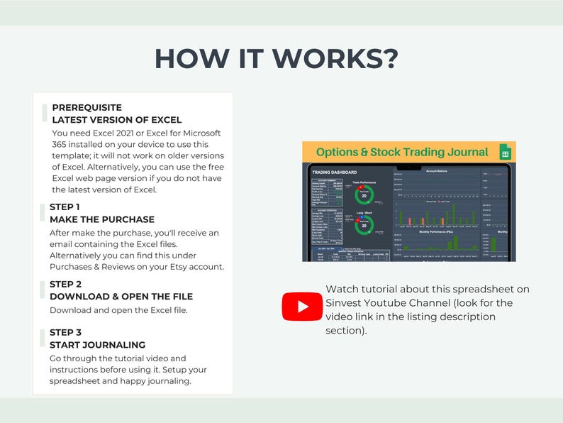 May include: A screenshot of a computer screen showing a spreadsheet with the title "Options & Stock Trading Journal". The spreadsheet has a dark background and includes a trading dashboard with charts and graphs. A green play button icon is below the screenshot with the text "Watch tutorial about this spreadsheet on Sinvest Youtube Channel (look for the video link in the listing description section)."