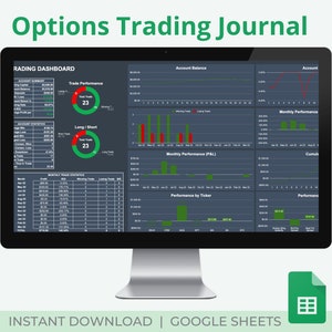 Handelsdagboek voor donkere versieopties | Handelsdashboard | Handelsanalysegrafiek | Maandelijks handelsrapport | Google Spreadsheets