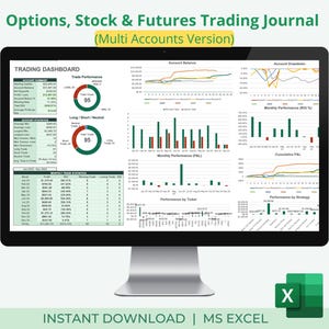 Handelsdagboek voor opties, aandelen en futures Meerdere accounts | Handelsdashboard | Handelsanalysegrafiek | Excel