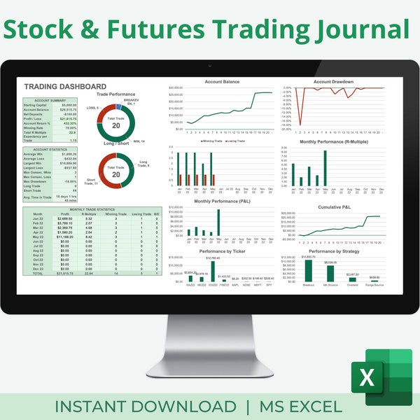 Aktien & Futures Trading Journal | Handels-Dashboard | Trade Analyse Chart | Monatlicher Bericht | Positionsgrößen-Rechner | Excel