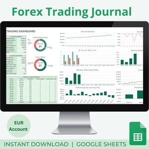 Puede incluir: Una pantalla de ordenador que muestra una hoja de cálculo de Google Sheets verde y blanca con un panel de control de diario de operaciones de Forex. El panel de control incluye gráficos y diagramas que muestran el saldo de la cuenta, el rendimiento de las operaciones y el rendimiento mensual. La hoja de cálculo se titula "Forex Trading Journal" e incluye el texto "EUR Account" y "INSTANT DOWNLOAD | GOOGLE SHEETS".