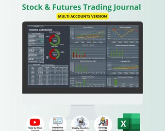 Dark Stock & Futures Multi Account Trading Journal | Trading Dashboard | Trade Analysis Chart | Excel Spreadsheet