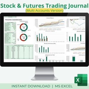 Aandelen- en futures-handelsdagboek voor meerdere accounts | Handelsdashboard | Handelsanalysegrafiek | Excel-spreadsheet