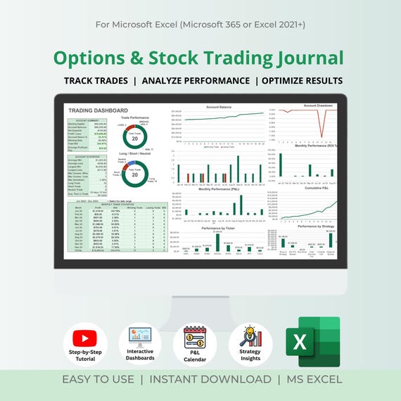 Options & Stock Trading Journal: Excel Trade Analysis Dashboard (Digital Download)