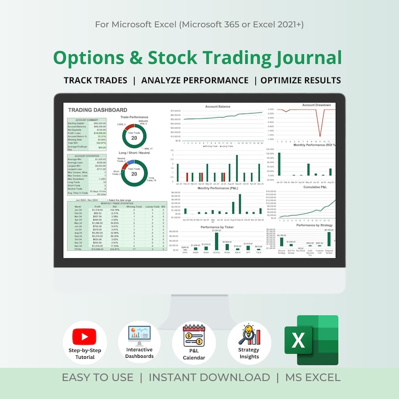 Options & Stock Trading Journal: Excel Trade Analysis Dashboard (Digital Download) image 1