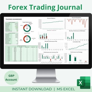 Forex Trading Journal GBP-rekening | Handelsdashboard | Handelsanalysegrafiek | Maandelijks handelsrapport | Forexcalculator | Excel