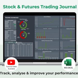 Dark Stock & Futures Trading Journal | Trading Dashboard | Trade Analysis Chart | Monthly Report | Strategy Dashboard | Excel