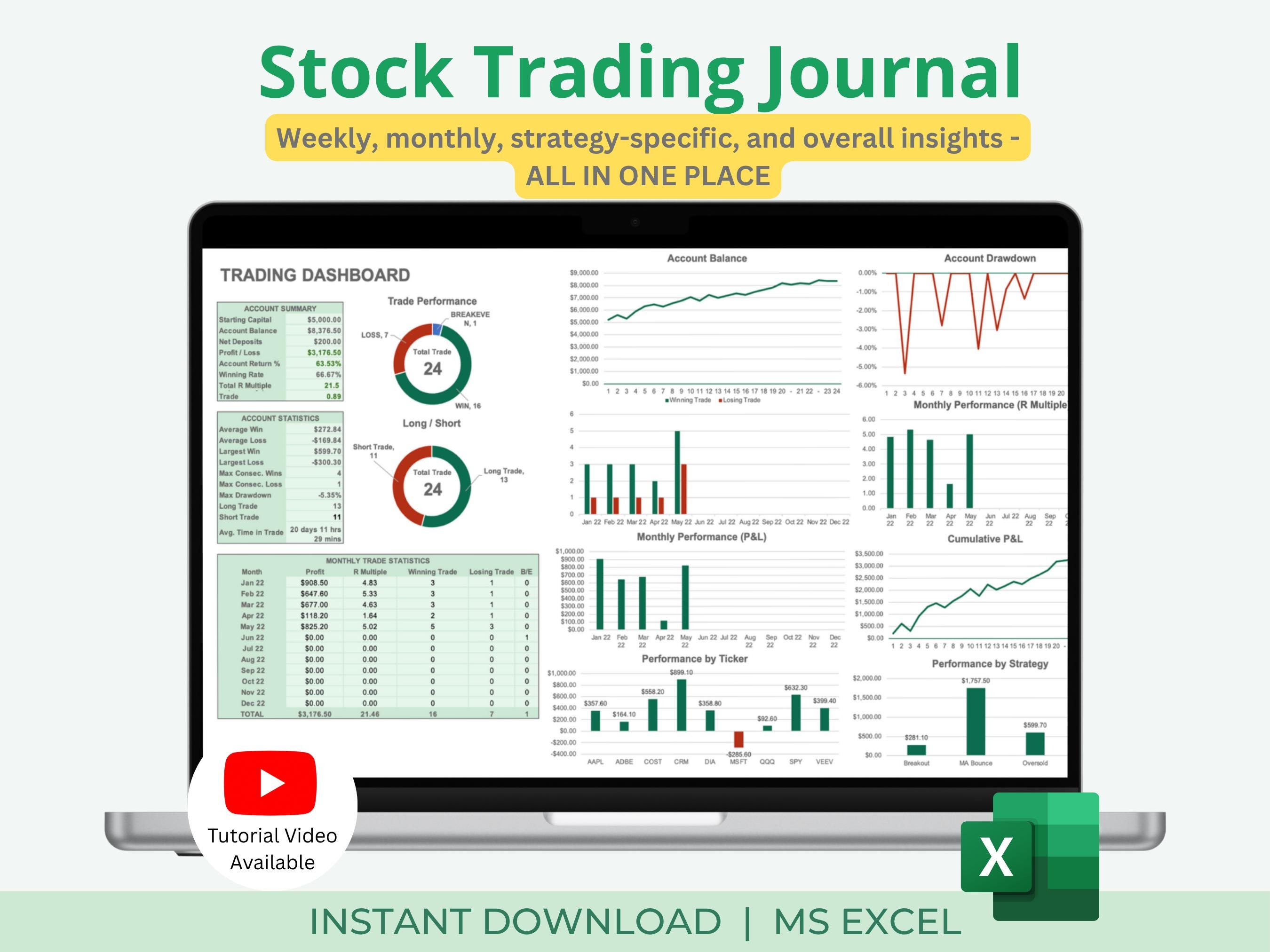 Journal des opérations boursières | Tableau de bord de trading | Analyse commerciale | Rapport hebdomadaire mensuel | Excel