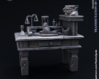 D&D Alchemist Workshop / Wizard Desk / Scenery Miniature | RPG Model | From the Transmutation of Reality Collection - Flesh Of Gods