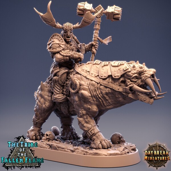 D&D Barbarian / Fighter on Tuskerbeast /Pathfinder Miniature | RPG Model| Irgut the Crusher by Daybreak Miniatures Tribe of the Fallen Flame