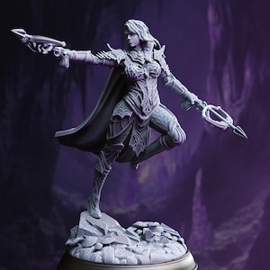 May include: A light gray miniature figurine of a warrior in ornate armor and a flowing cape, posed in a dynamic leap. The figure holds a crossbow in each hand, featuring intricate web-like patterns on the chest plate and greaves, standing on a rocky base.
