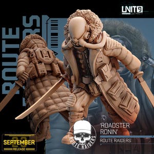 May include: A tan-colored miniature figurine of a futuristic warrior wearing a quilted coat with a fur-lined collar, a helmet, and a backpack. The figure holds a long sword in each hand and features pouches on the coat. Text includes ROADSTER RONIN.