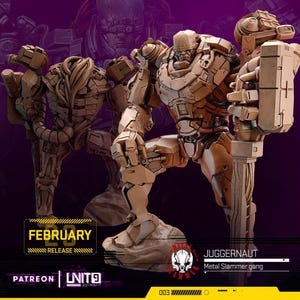 May include: A brown, detailed Juggernaut figurine from the Metal Slammer gang, posed in a dynamic stance. The figure is on a rocky base, with the word "February" and "Release" displayed. The image has a purple background.