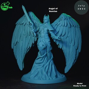 May include: A light blue statue of an angel holding a sword, with large feathered wings. The statue is labelled "Angel of Sunrise" and "July 2023". The base of the statue is a light blue colour. The text "Model Ready to Print" is also visible.
