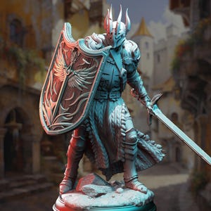 May include: A gray-toned fantasy knight figurine standing on a rocky base. The knight wears a spiked helmet and full plate armor, holding a large shield with an embossed winged emblem in the left hand and a long sword in the right hand.
