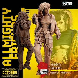 Pode incluir: Imagem promocional de uma figura colecionável. A imagem apresenta uma figura 3D de uma mulher em uma roupa futurista, com o texto "ALLMIGHTY FRIENDS" e "YUMIKO SACHIKO". O fundo é amarelo e preto.
