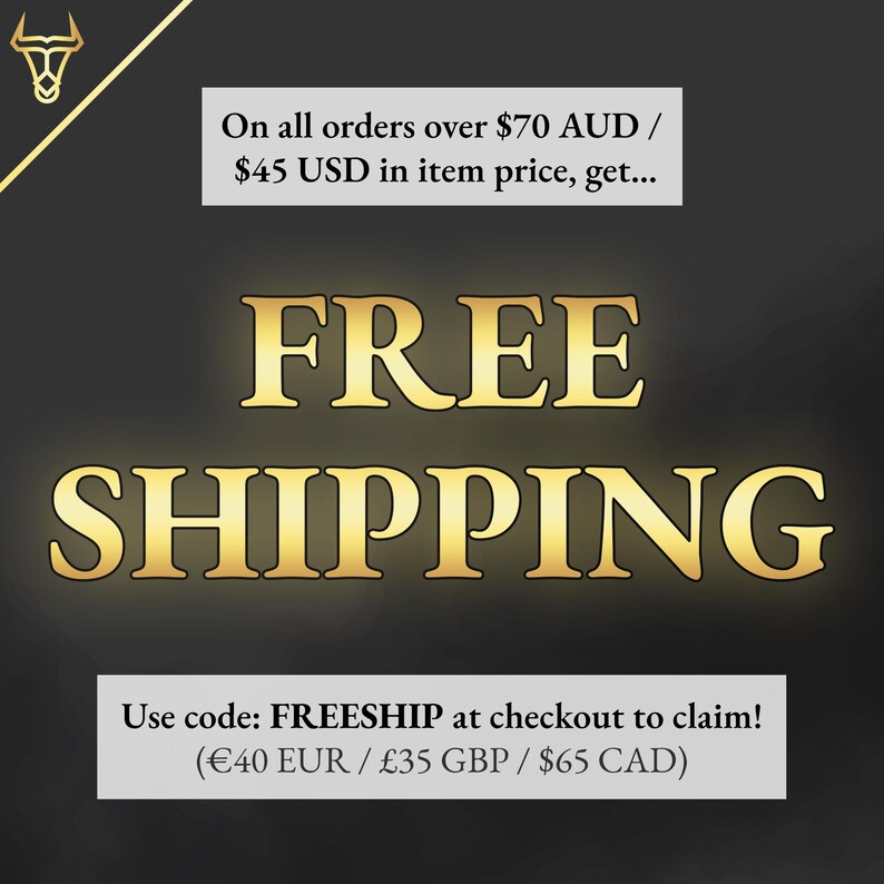 The image is an advertisement for a product, specifically a free shipping offer. It features a large text "FREE SHIPPING" in the center, along with a price offer of $45 USD in item price for all orders over $70 AUD / $65 USD in the item price. The offer includes a free shipping code for customers to claim their free shipping.