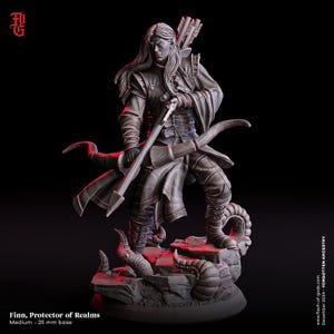 May include: A detailed figurine of Finn, Protector of Realms, holding a bow and arrow, standing on a rocky base with tentacles. The figure is in a dynamic pose, with long hair and detailed clothing. The base is 2.5 cm.