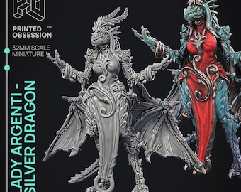 May include: Two 32mm scale miniature figures of Lady Argenti, the Silver Dragon. One figure is rendered in solid gray, while the other is painted with a red garment, blue scales, and silver accents. Both feature wings, ornate headpieces, and clawed feet.