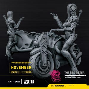 May include: A gray 3D-printed figurine of a woman in futuristic attire, leaning on a detailed motorcycle. The text "NOVEMBER RELEASE" is displayed. The figurine is part of the "Bomber Girls Gang" series, titled "The Red Sister."
