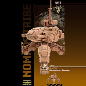 May include: A tan-coloured, multi-legged mechanical walker miniature featuring a central turret with a long antenna and side-mounted cannons. The design includes the text UNIT9, JABAL, NOMADS TRIBE, and MinosMakers.Etsy.com printed on the graphic background.
