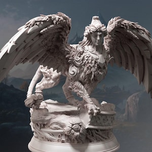 May include: A light gray, detailed figurine of a sphinx with a human head and large, feathered wings. The creature has a feline body with intricate fur textures and sits atop a circular, ornate base featuring carved organic and geometric patterns.