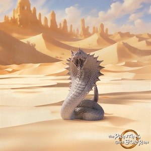 May include: A light gray, coiled cobra figurine with a flared, spiked hood and an open mouth revealing fangs. The sculpture is positioned in a desert landscape with sand dunes and rock formations. The text "the Printing goes Ever on" is visible.