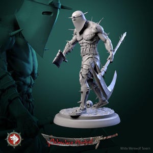 May include: A grey miniature figurine of a muscular warrior wearing a spiked helmet and armor, holding a large axe and a scythe. The figure stands on a circular base with a small skull. The text "Malevolent Mischief" is displayed below the figure.