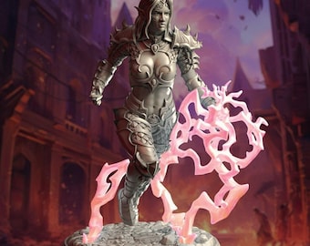 May include: A gray fantasy figurine of a horned warrior in ornate armor, captured in a dynamic running pose. The figure is surrounded by translucent, light pink magical energy effects that swirl around the legs and arm, set on a circular base.