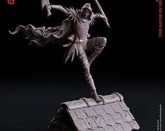 May include: A gray resin miniature figure titled Nyana, Darkstalker Rogue, depicted in a dynamic leaping pose on a tiled roof section. The figure wears a hooded cloak, scale mail armor, and holds two curved blades. Includes a 25 mm base.