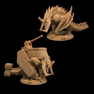May include: Two unpainted tan resin miniature figures. One is a spiky, multi-limbed creature with a horned head. The other is a similar creature wearing heavy, bolted metal armor plating and carrying a mounted cannon on its back, both on bases.
