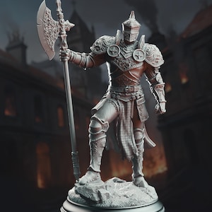 May include: A detailed figurine of a medieval knight in full armor, holding a large battle axe. The knight stands on a rocky base, with intricate detailing on the armor and weapon. The background suggests a medieval setting with buildings and a fiery scene.