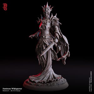 May include: A grey Fortress Whisperer figurine with a 25 mm base. The figure is a skeletal warrior with a crown, armour, and a flowing cape, holding a sword. The base is textured, and the background is dark.