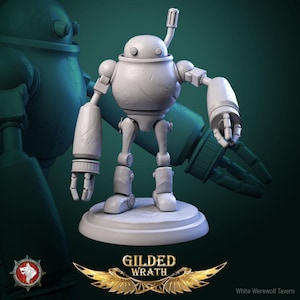Puede incluir: Una figura de robot blanca con torso redondeado, brazos articulados y una antena única en la cabeza, sobre una base circular. El texto GILDED WRATH aparece en la parte inferior con un emblema de alas doradas y el texto White Werewolf Tavern.