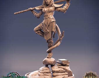 May include: A light brown miniature figurine of a horned humanoid character standing on one leg atop a rock. The character holds a long staff across their shoulders, wears detailed armor, and has a tail. Two books rest on the base near the feet.