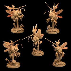 May include: Five miniature figurines of winged figures riding large bees, each mounted on a circular base with floral details. The figures are monochromatic, light tan in color, and feature intricate sculpted textures on the wings and bodies.