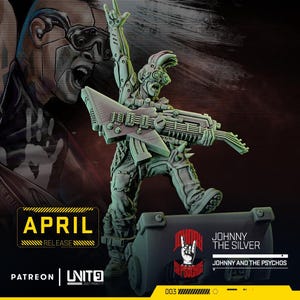 Può includere: Una statuetta grigia di un rocker futuristico con un'arma a forma di chitarra, che alza una mano in un gesto rock and roll. La figura è in piedi su una scatola con la scritta "JOHNNY AND THE PSYCHOS". L'immagine include anche la scritta "APRIL RELEASE".