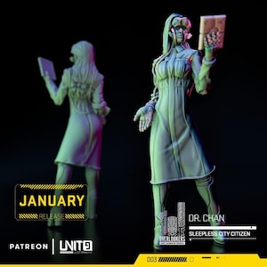 Op de afbeelding: Een futuristisch beeldje van Dr. Chan, een Sleepless City Citizen, die een tablet vasthoudt. De figuur draagt een lange jas en een futuristische bril. De afbeelding bevat de tekst "JANUARY RELEASE" en "OVERLOOKERS".